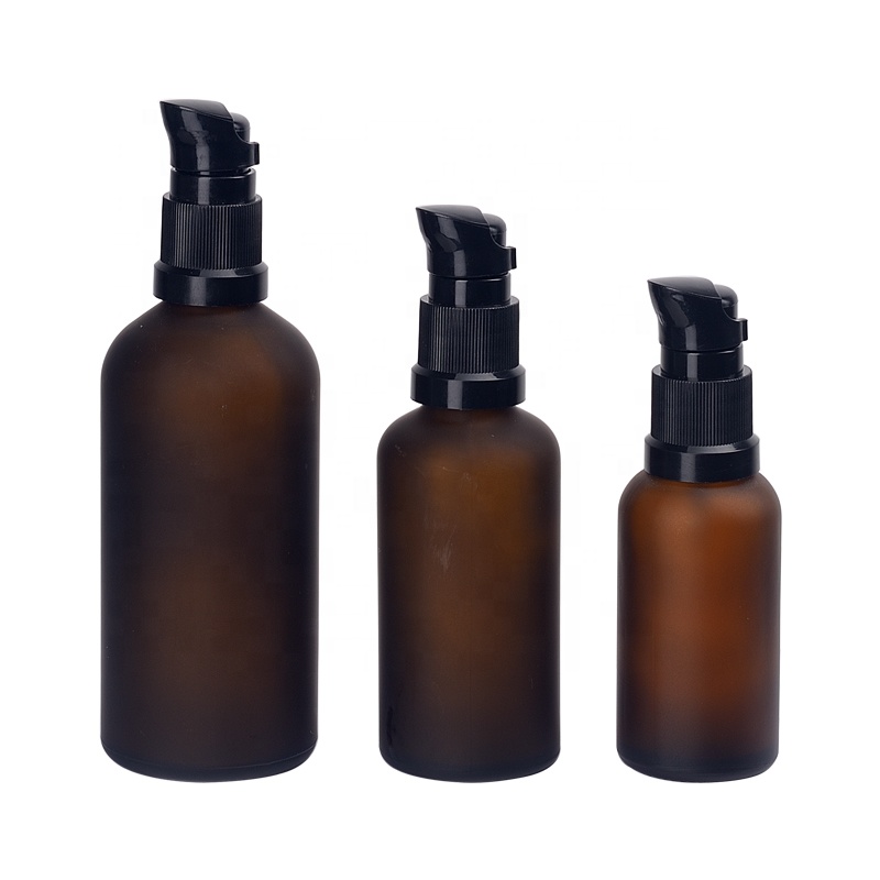 100 ml frosted brown glass cosmetic bottles empty amber glass serum bottle with 18/415 plastic lotion pump