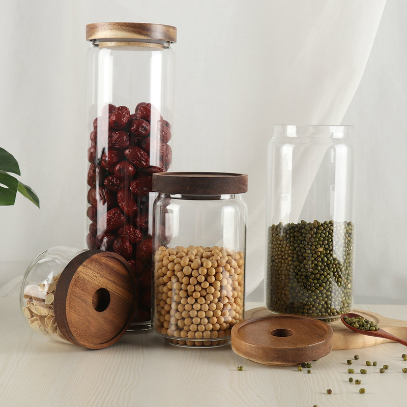 1000 ml Glass Jars High Borosilicate Clear Glass Jars With Acacia Mangium Cover Airtight Kitchen Food Containers Grains Candy