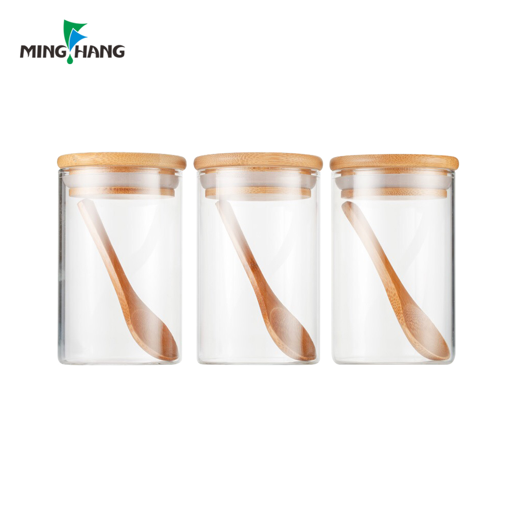 1000ml 1 ltr clear 200ml clip top round airless glass spice storage jar with bamboo lid and spoon