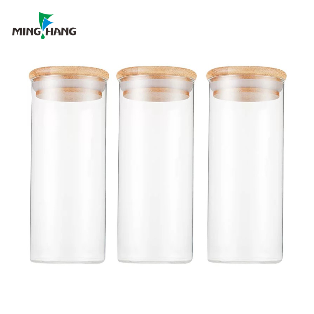 1000ml 1 ltr clear 200ml clip top round airless glass spice storage jar with bamboo lid and spoon
