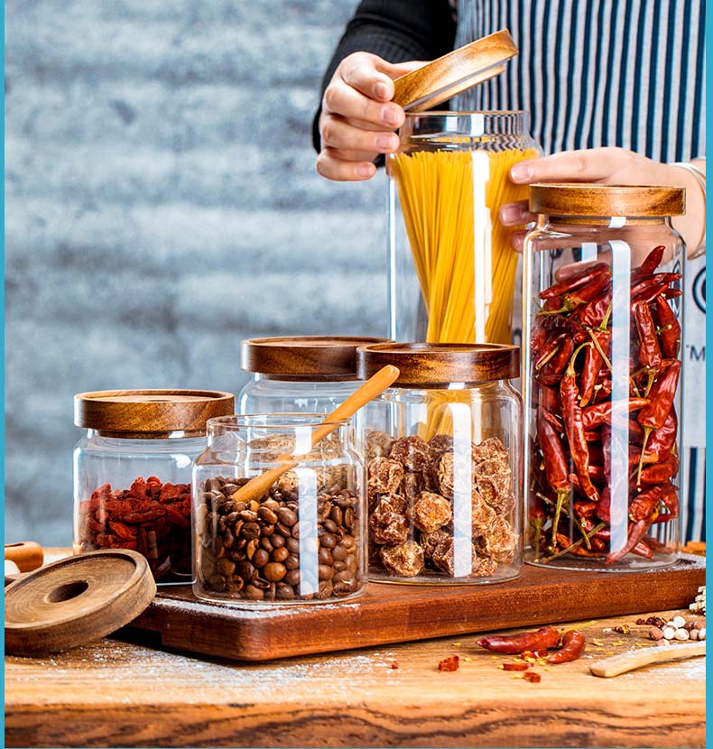 1000ml Airtight Clear Glass Jars With Wood Lids Coffee Tea Canisters Food Storage Canisters