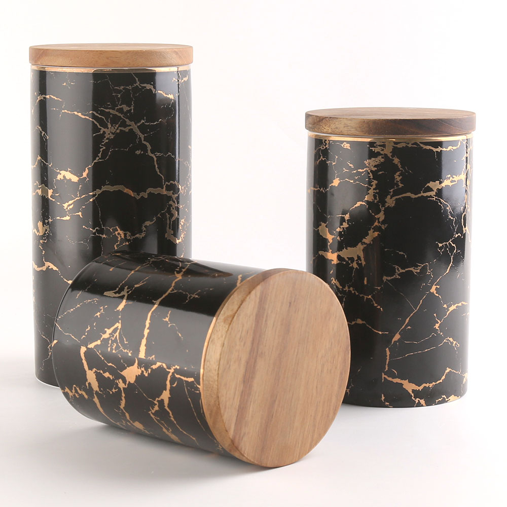 1000ml Ceramic Porcelain Home Food Storage Container Canisters Jars With Wooden Lid Sets