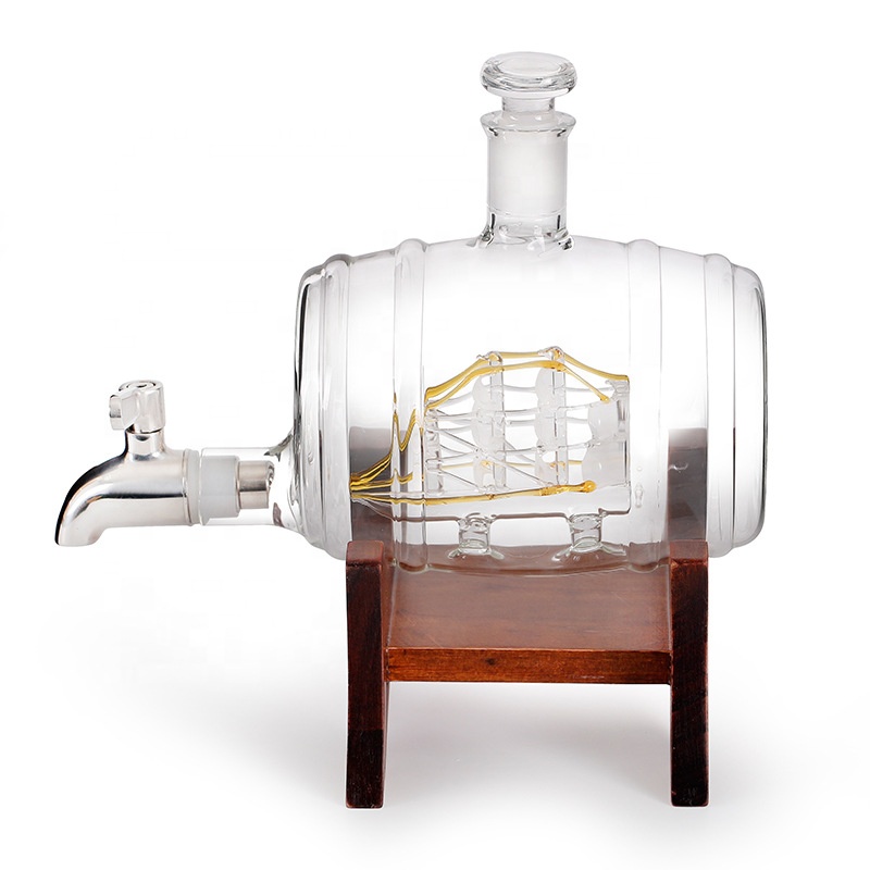 1000ml Wooden barrel shape bottle liquor bottles empty glass wine bottle for vodka and whisky
