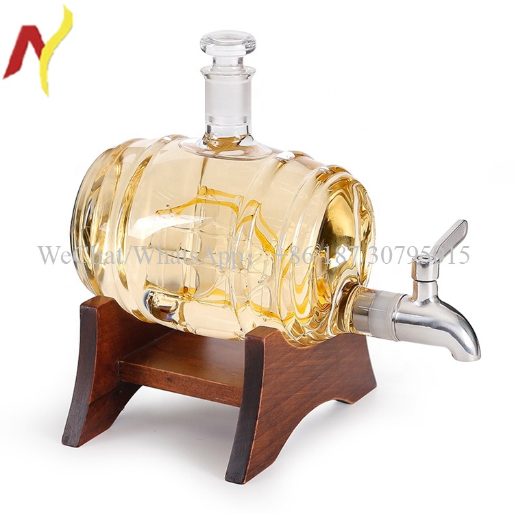 1000ml Wooden barrel shape bottle liquor bottles empty glass wine bottle for vodka and whisky