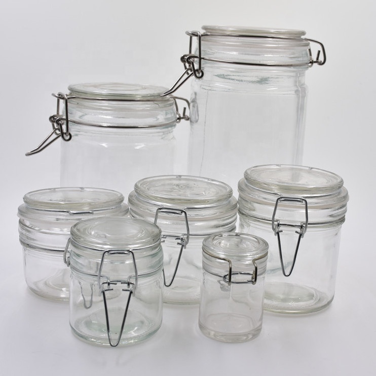 1000ml clear round swing top stainless steel clip top hermetic sugar jar glass storage jars for biscuit with airtight glass lids