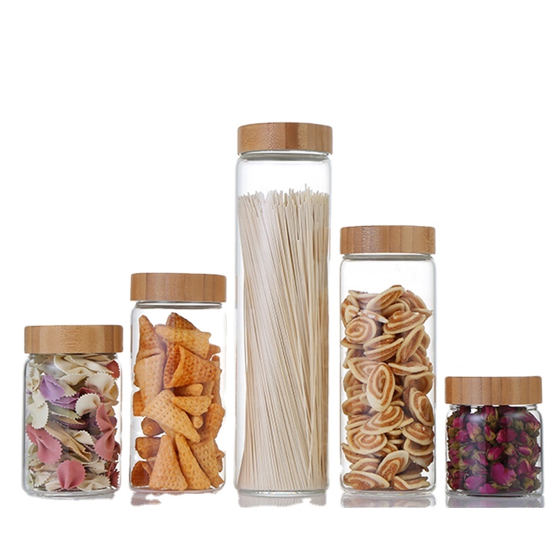 1000ml large capacity spiral bamboo lid transparent glass jar