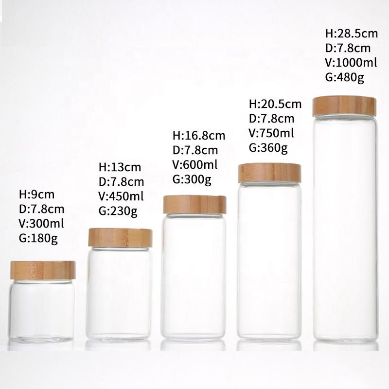 1000ml large capacity spiral bamboo lid transparent glass jar