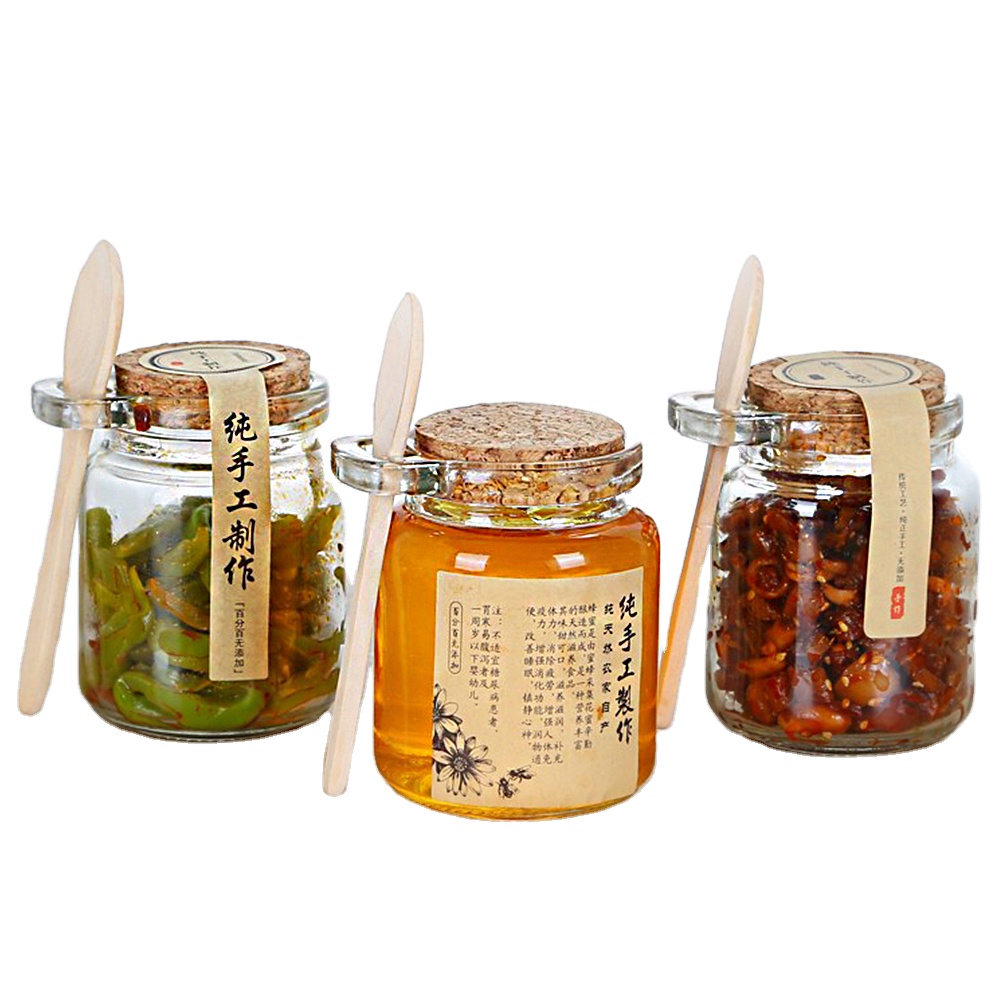 100ML 250ML 8oz Spice Glass Honey Jar Bath Salt Storage Glass Jar with Bamboo Spoon and Wooden Cork
