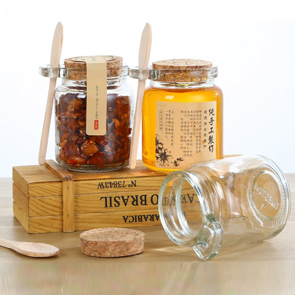 100ML 250ML 8oz Spice Glass Honey Jar Bath Salt Storage Glass Jar with Bamboo Spoon and Wooden Cork