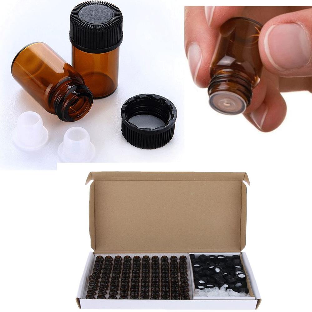 100Pcs 1ml 2ml 3ml Amber Glass Vials, Mini Essential Oil Bottles with Orifice Reducer & Black Plastic Cap