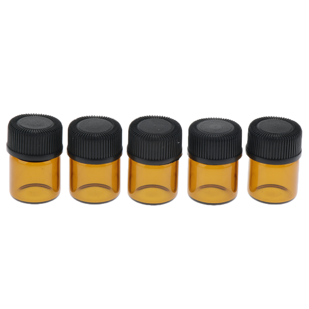 100Pcs 1ml 2ml 3ml Amber Glass Vials, Mini Essential Oil Bottles with Orifice Reducer & Black Plastic Cap