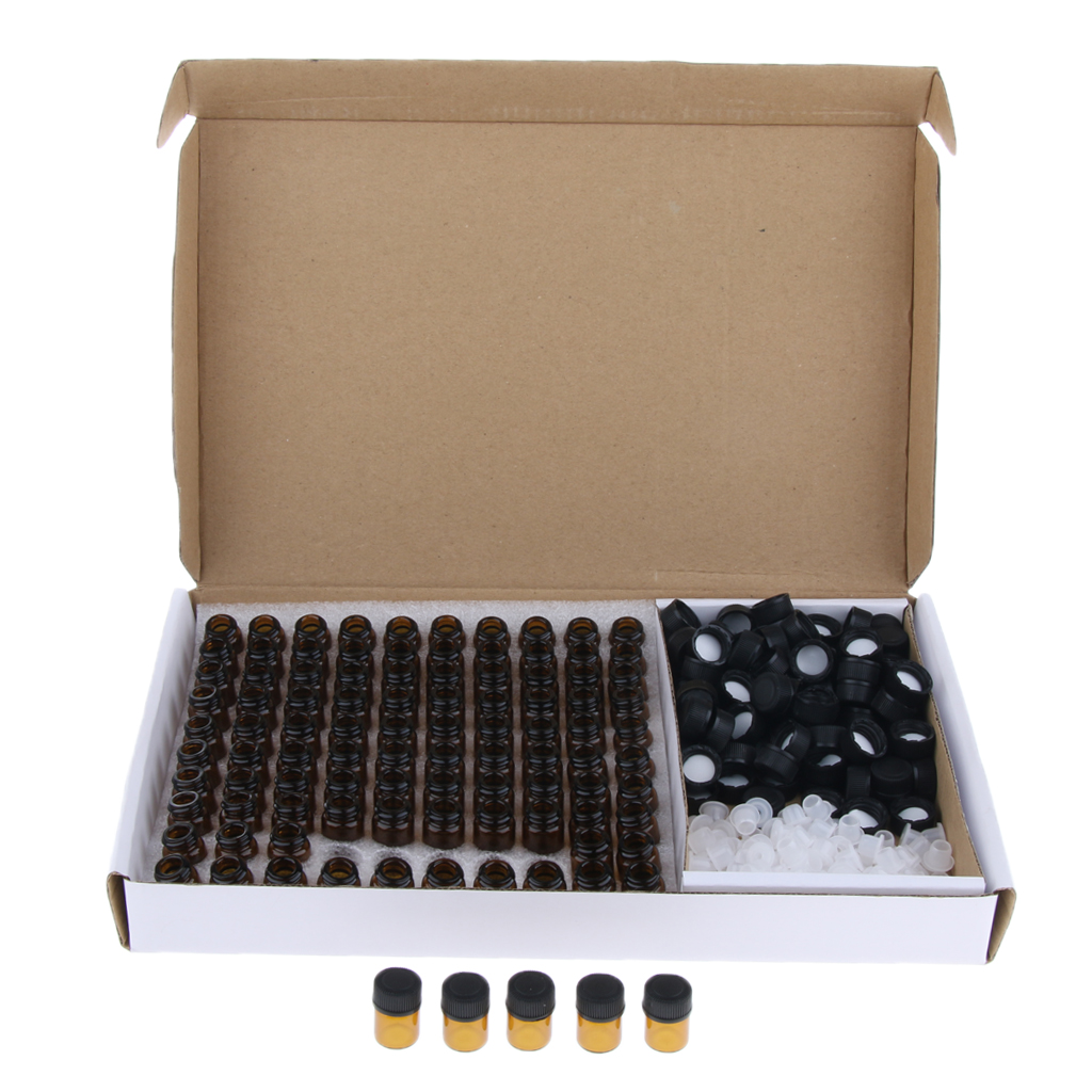 100Pcs 1ml 2ml 3ml Amber Glass Vials, Mini Essential Oil Bottles with Orifice Reducer & Black Plastic Cap