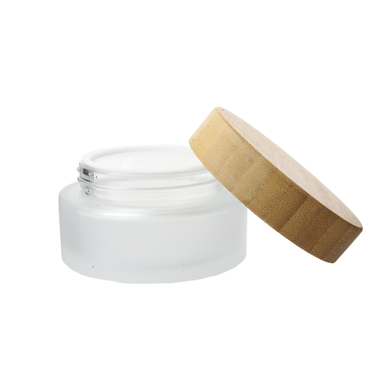 100g Empty clear frosted airless glass cream jar with bamboo lid