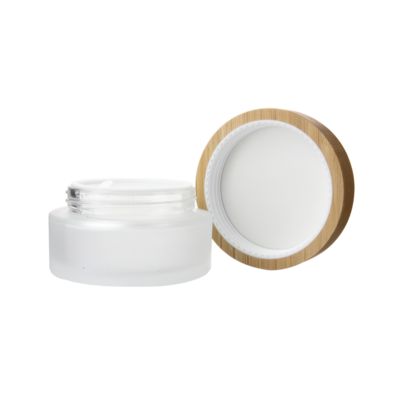 100g Empty clear frosted airless glass cream jar with bamboo lid