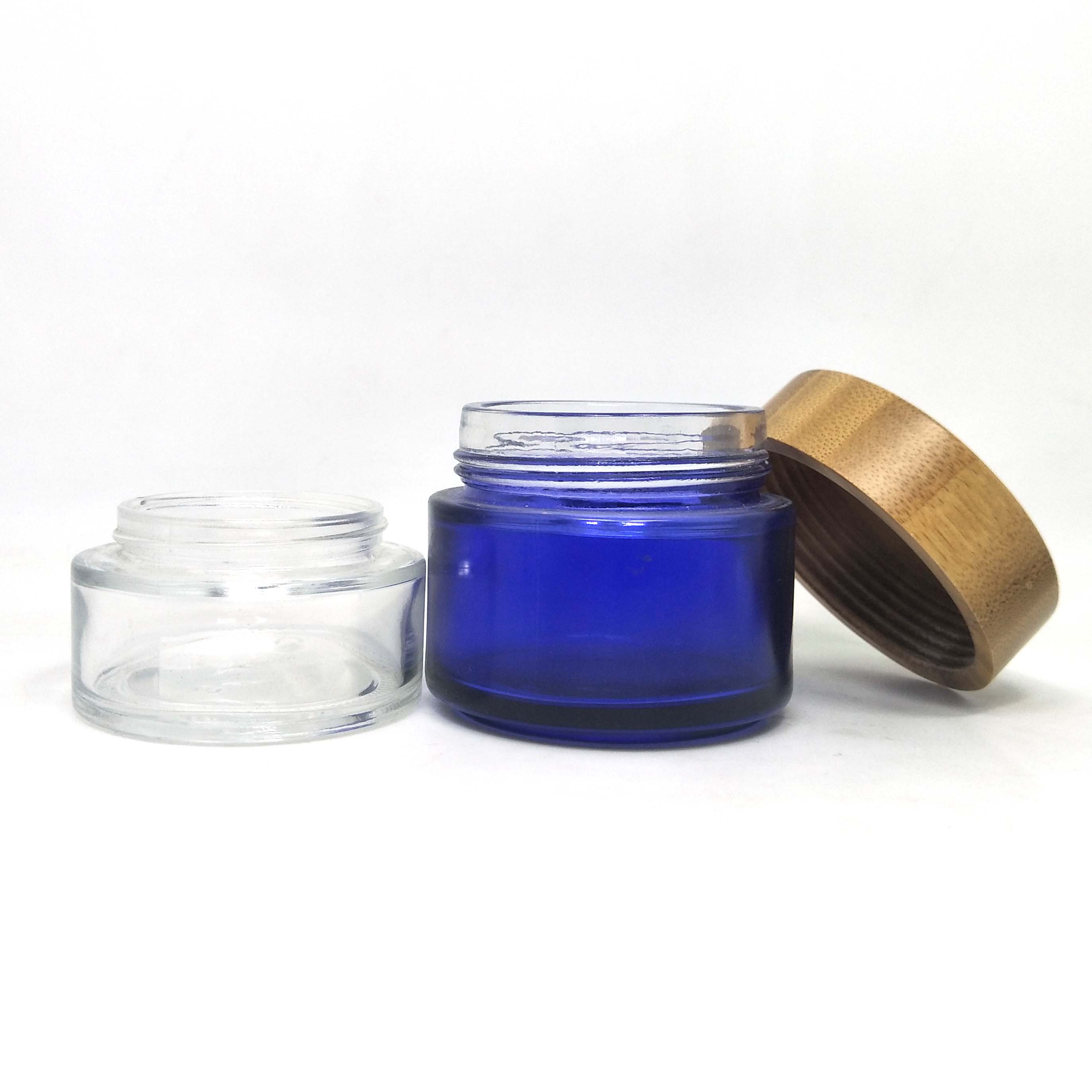 100g dark blue glass cosmetic jars with bamboo lid for body cream