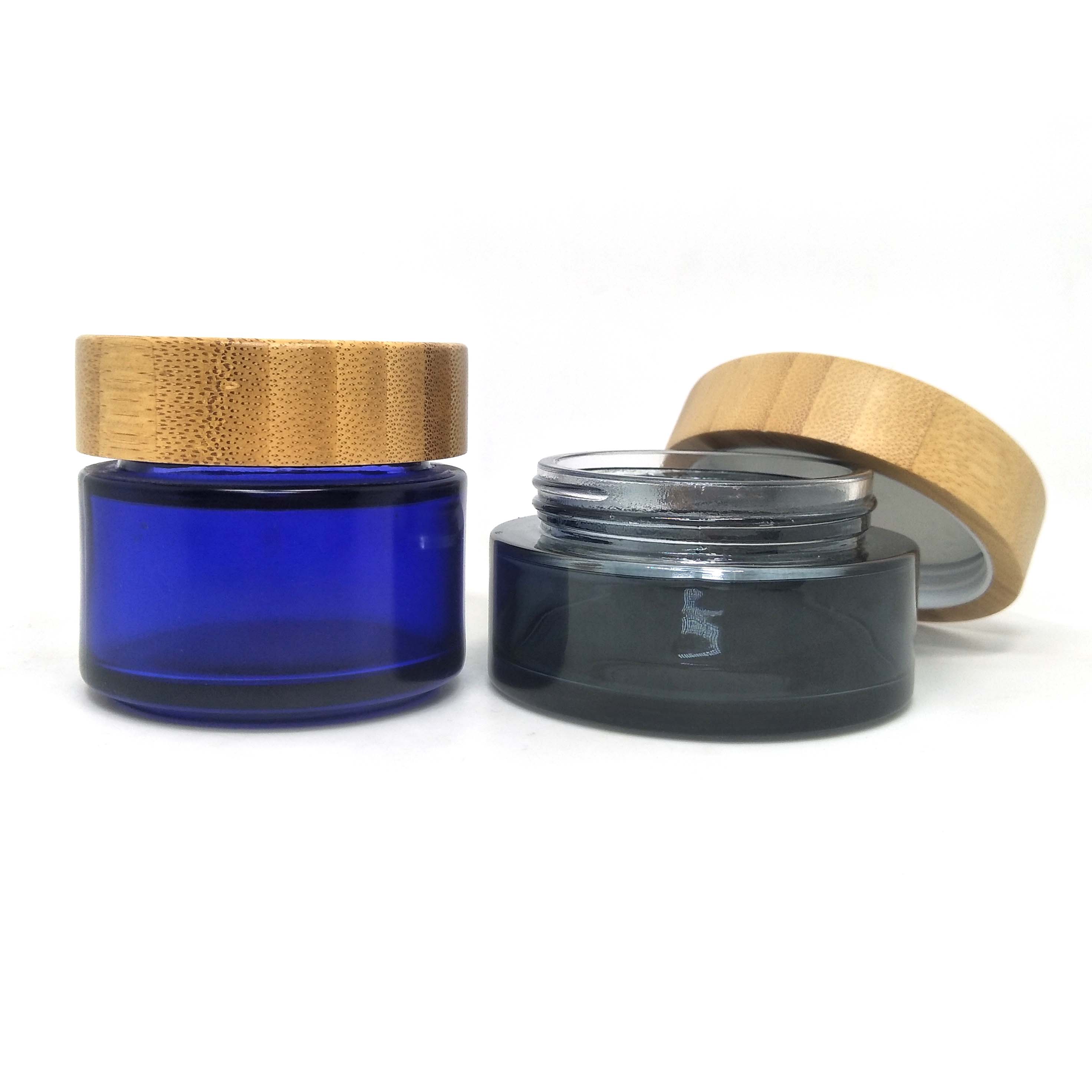 100g dark blue glass cosmetic jars with bamboo lid for body cream