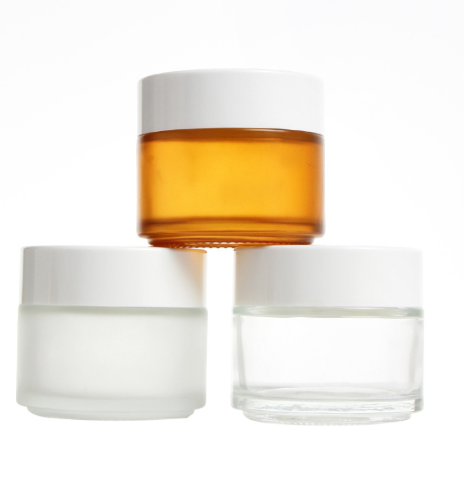 100g frosted glass round empty face cream jar white cap