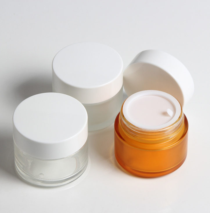 100g frosted glass round empty face cream jar white cap