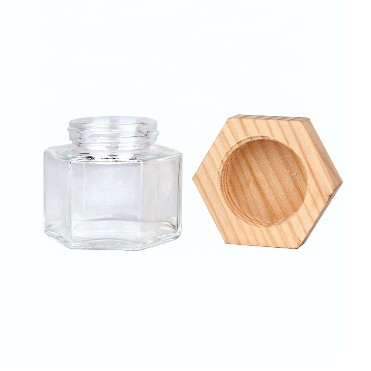 100g hexagonal glass honey jar with screw hexagonal wooden lid
