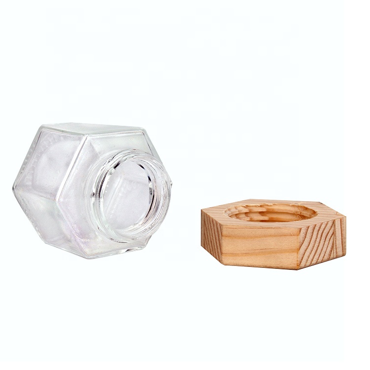 100g hexagonal glass honey jar with screw hexagonal wooden lid