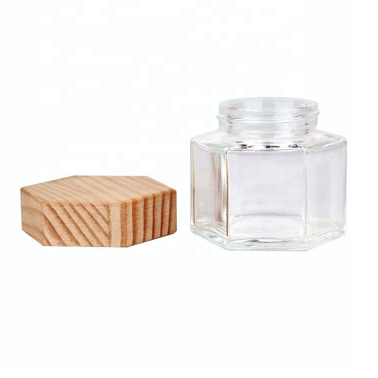 100g hexagonal glass honey jar with screw hexagonal wooden lid