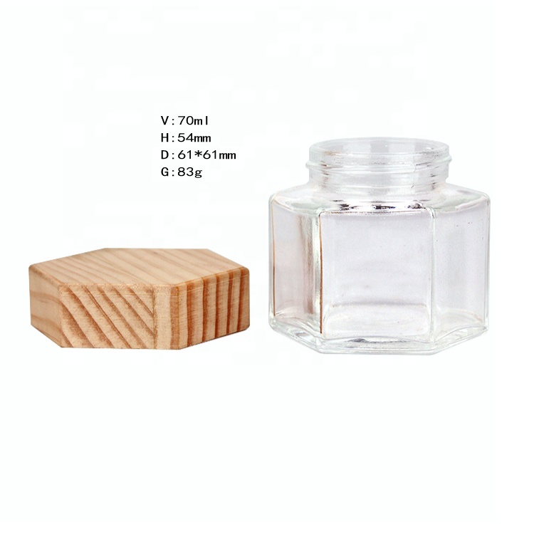 100g hexagonal glass honey jar with screw hexagonal wooden lid