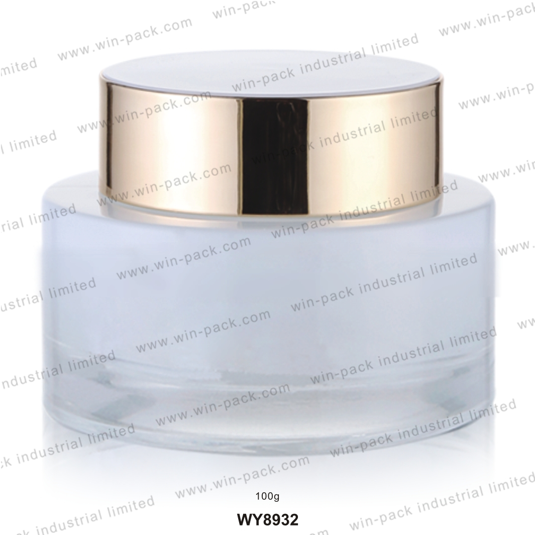 100g small semi transparent white color glasscream jar with golden UV cap or aluminium cap