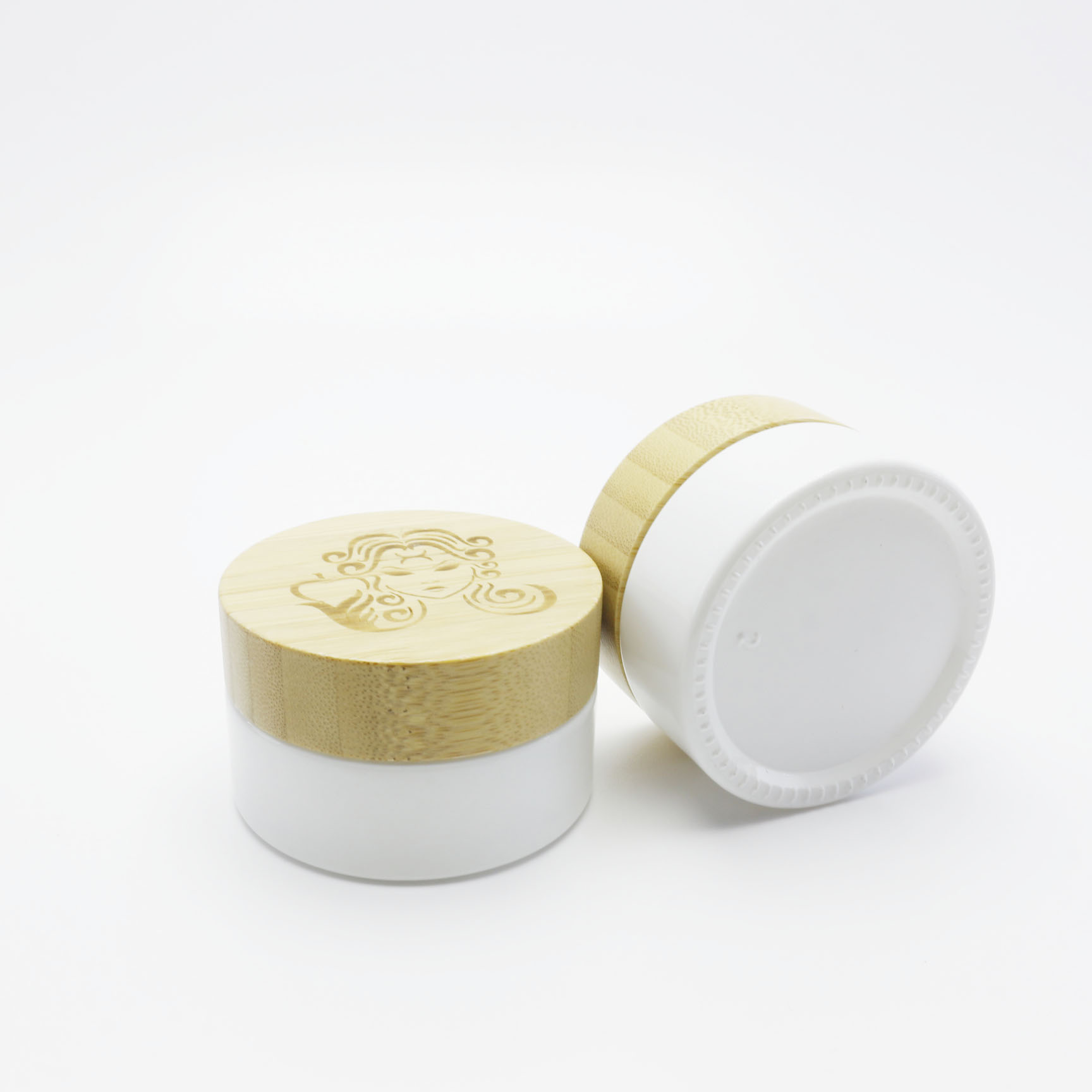 100g white glass cosmetic jar for cream with bamboo top GJ-182K