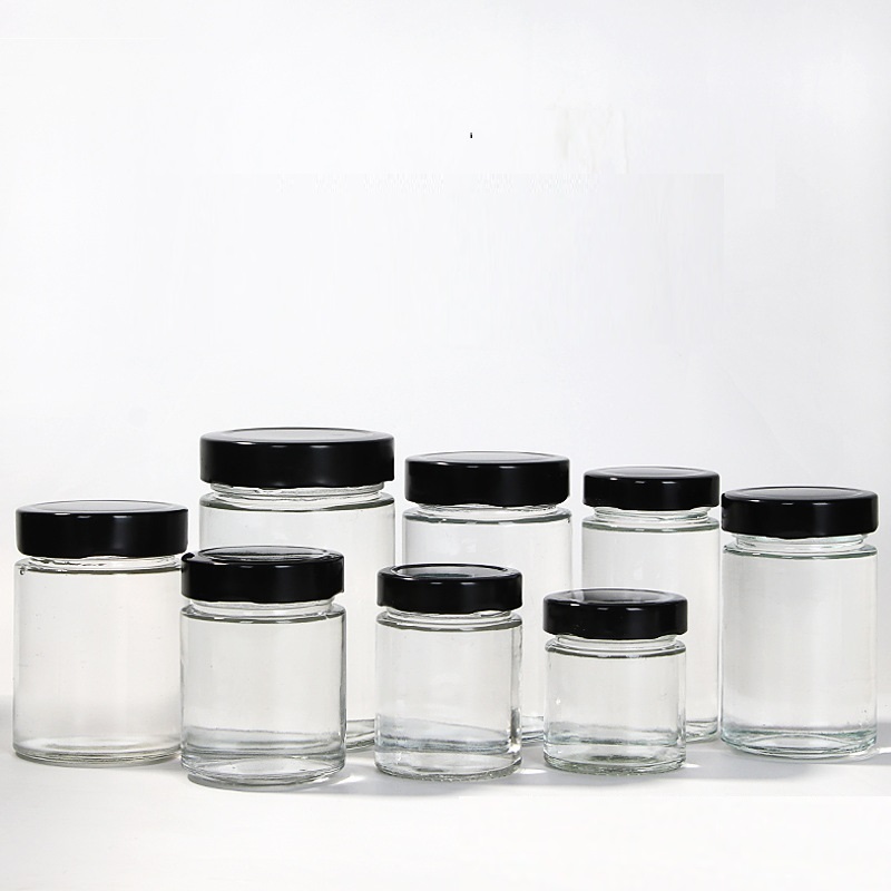 100ml 140ml 180ml 200ml 220ml 280ml 380ml 500ml Glass Clear Round Jars with Black Lids For Storage Food Honey Glass Jars