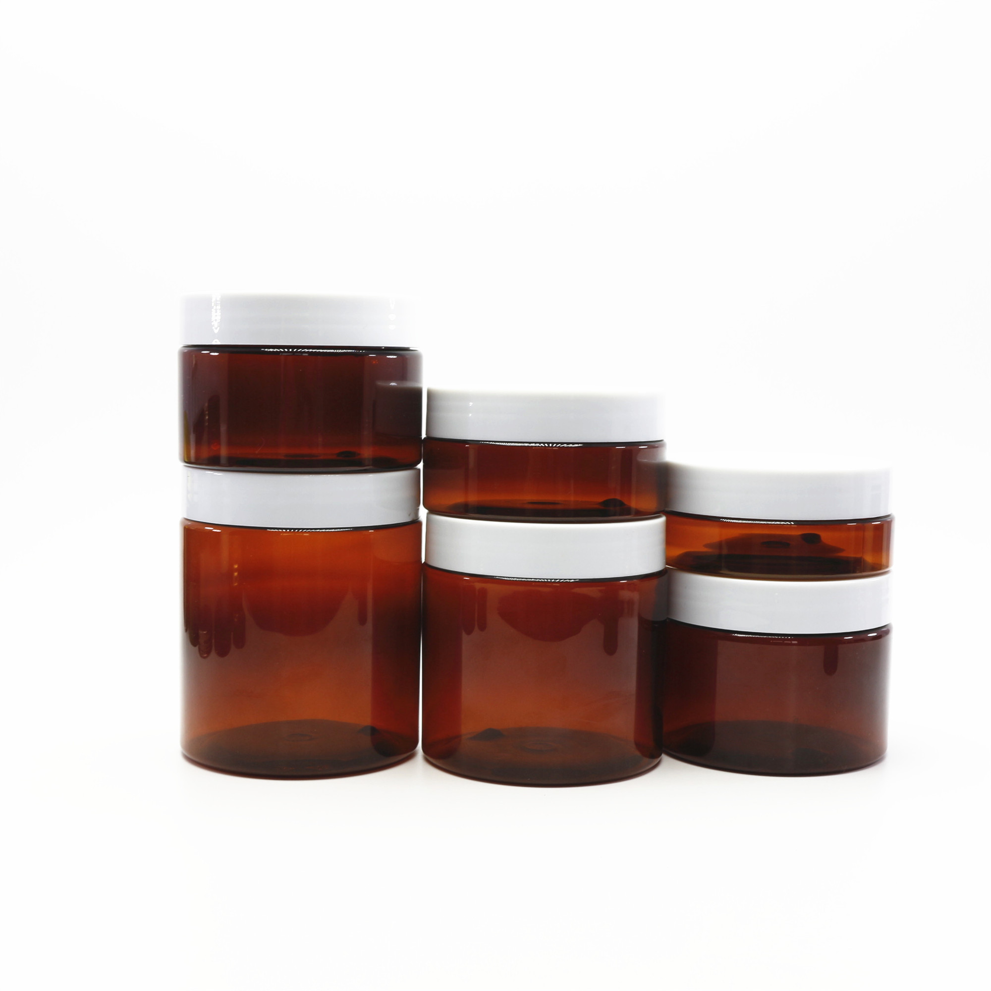 100ml 150ml 200ml 250ml high quality of amber PET jars with white plastic lids in stock PL-37K