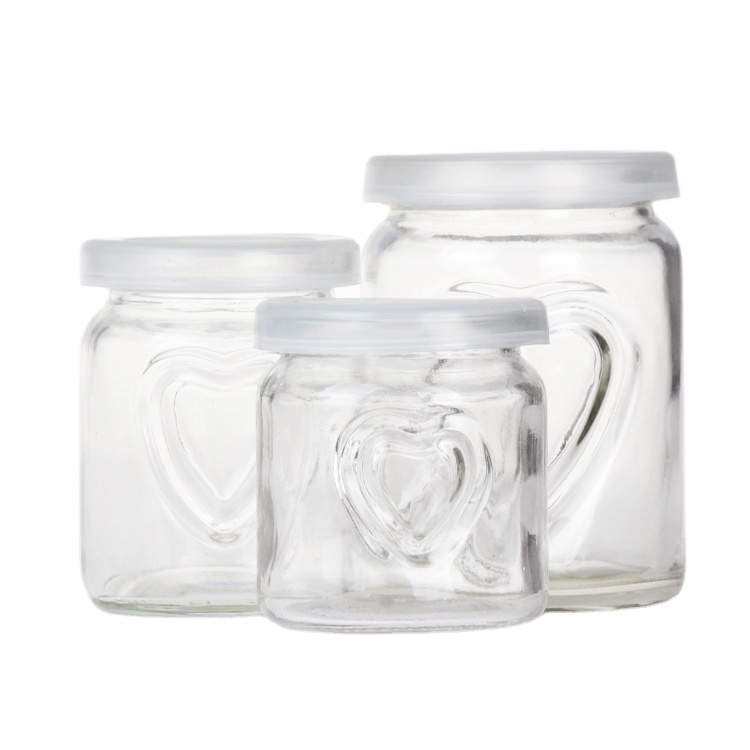 100ml 150ml 250ml heart shape embossed clear glass pudding jar jelly glass cup with plastic cap