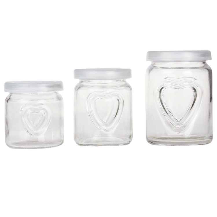 100ml 150ml 250ml heart shape embossed clear glass pudding jar jelly glass cup with plastic cap