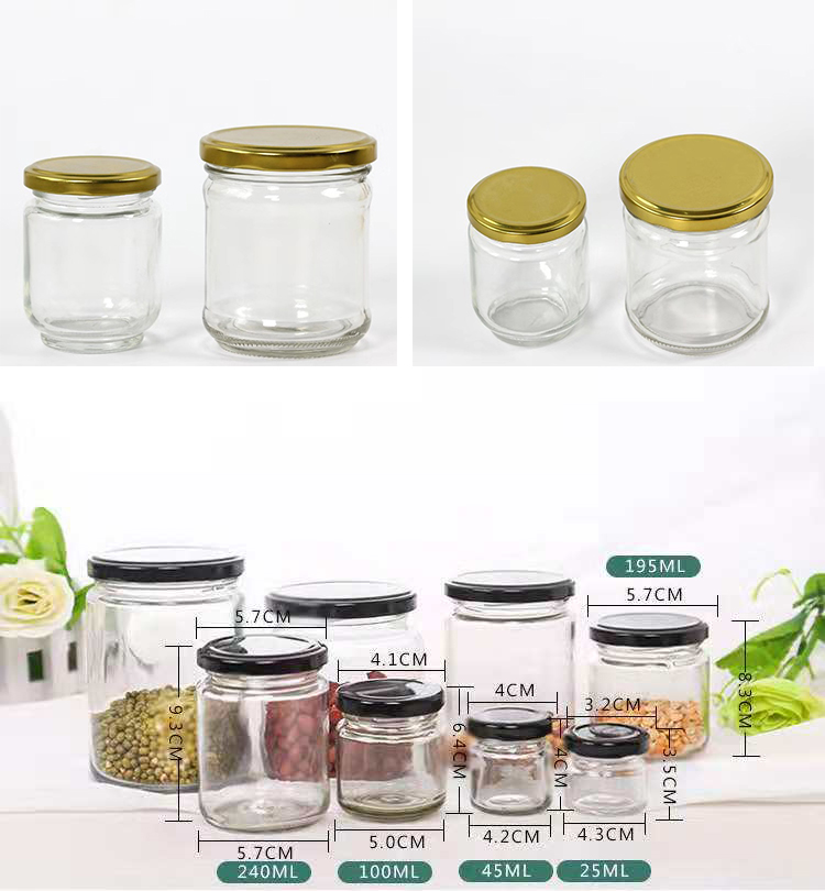100ml 150ml195ml 240ml 350ml 450ml 500ml 1000ml round Glass Jam jar for food factory direct sale