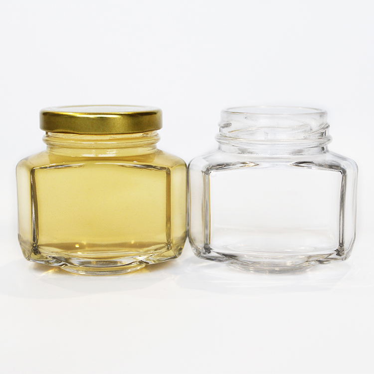 100ml 180ml 270ml 375ml Empty Food Storage Oval Hex Glass Jars For Honey Jam with Metal Lid