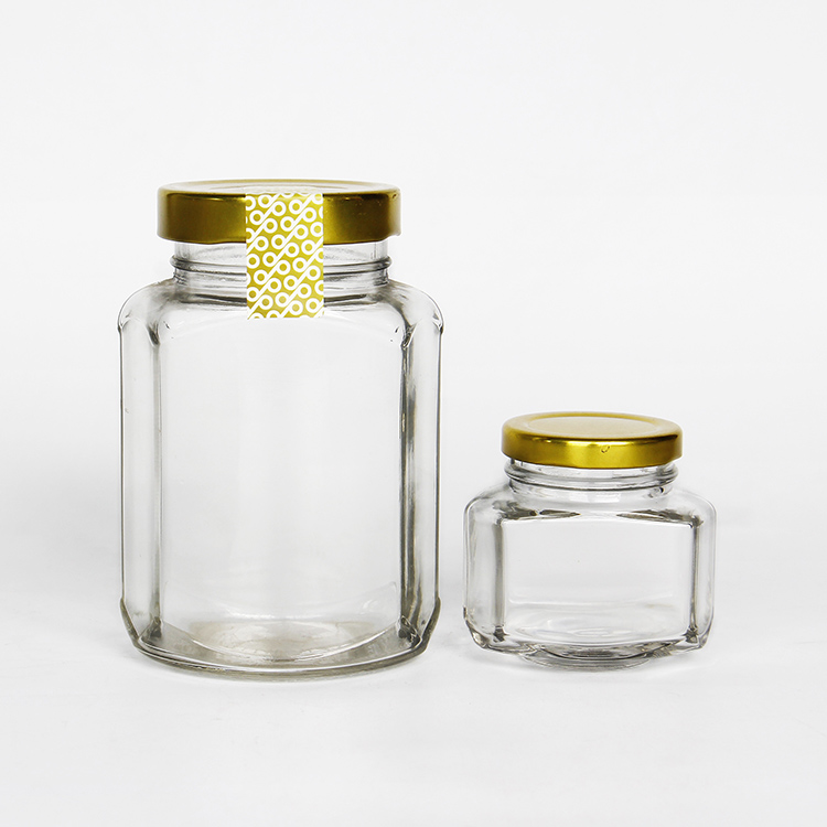 100ml 180ml 270ml 375ml Empty Food Storage Oval Hex Glass Jars For Honey Jam with Metal Lid