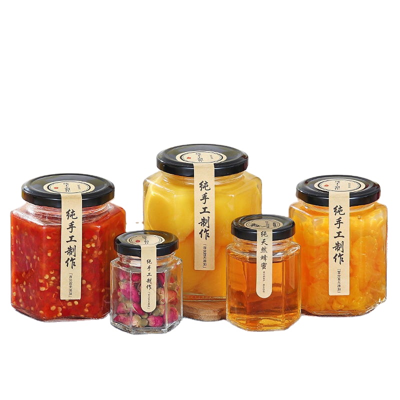 100ml 180ml 280ml 380ml 500ml 730ml food grade glass honey pot with metal lid glass hexagonal honey jars