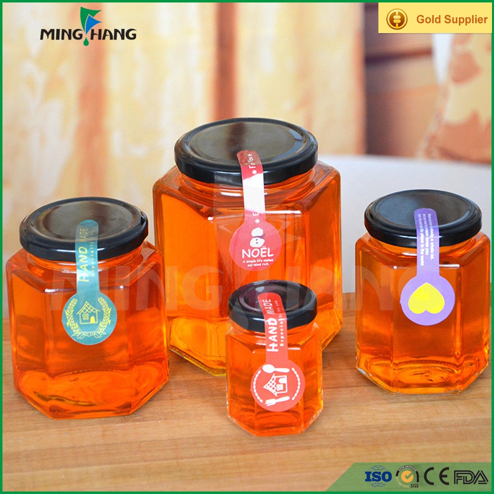 100ml 180ml 280ml 380ml 500ml 730ml food grade glass honey pot with metal lid glass hexagonal honey jars