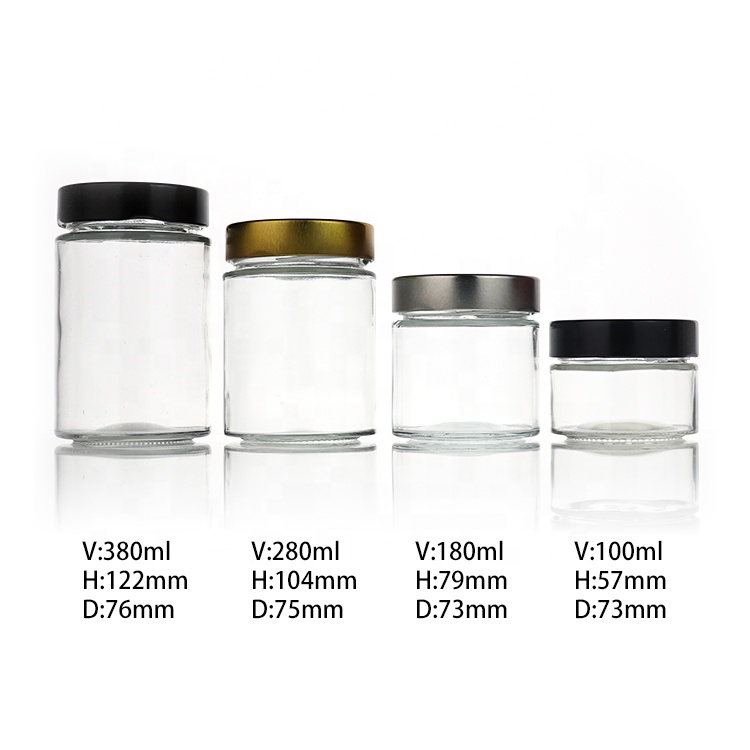 100ml 180ml 280ml 380ml Wide Mouth Cheap Glass Kitchen Storage Jar With Gold Silver Black Cover