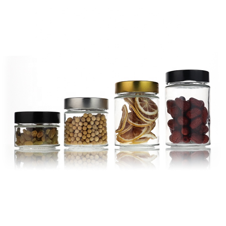 100ml 180ml 280ml 380ml Wide Mouth Cheap Glass Kitchen Storage Jar With Gold Silver Black Cover