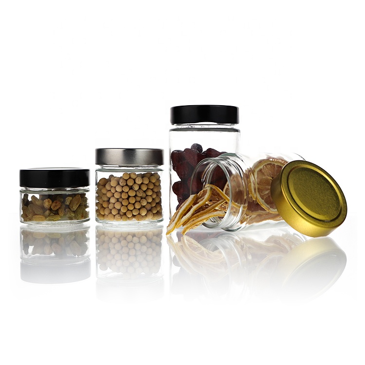 100ml 180ml 280ml 380ml Wide Mouth Cheap Glass Kitchen Storage Jar With Gold Silver Black Cover