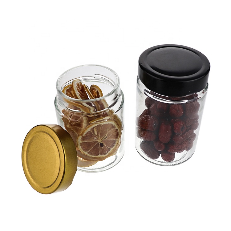 100ml 180ml 280ml 380ml Wide Mouth Cheap Glass Kitchen Storage Jar With Gold Silver Black Cover