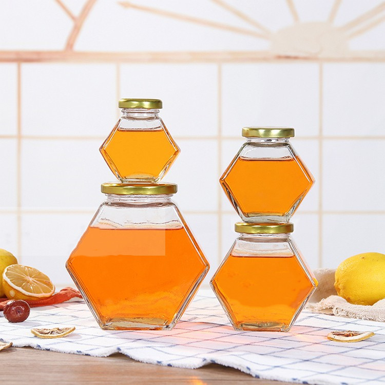 100ml 180ml 280ml 380ml flat clear hexagonal glass honey jar with metal lid
