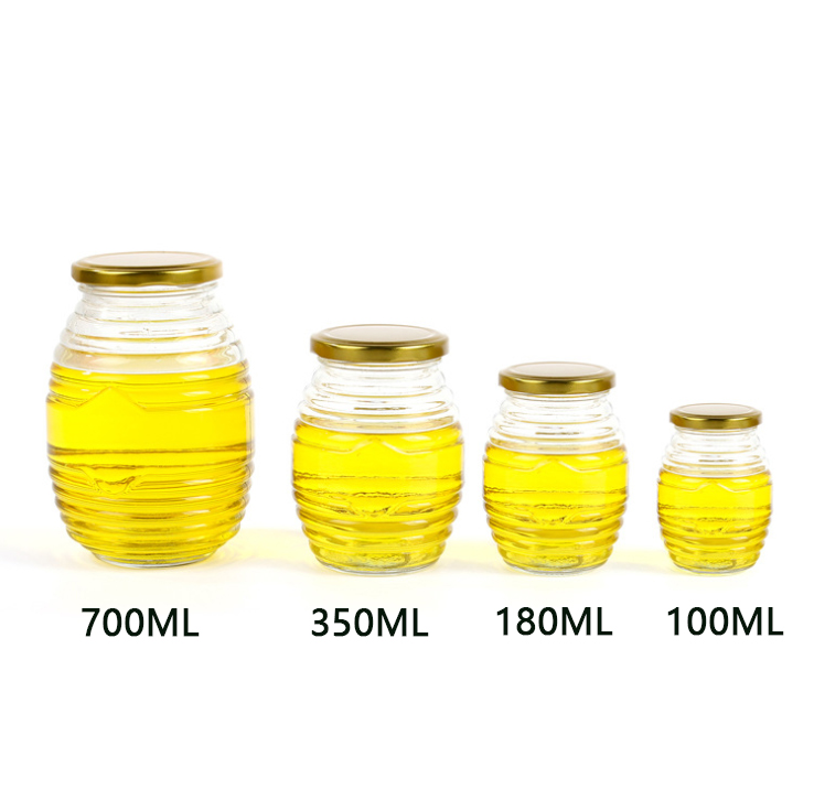 100ml 180ml 350ml 700ml threaded shape honey glass jar with screw lid, fancy round thread shape glass bottle jar