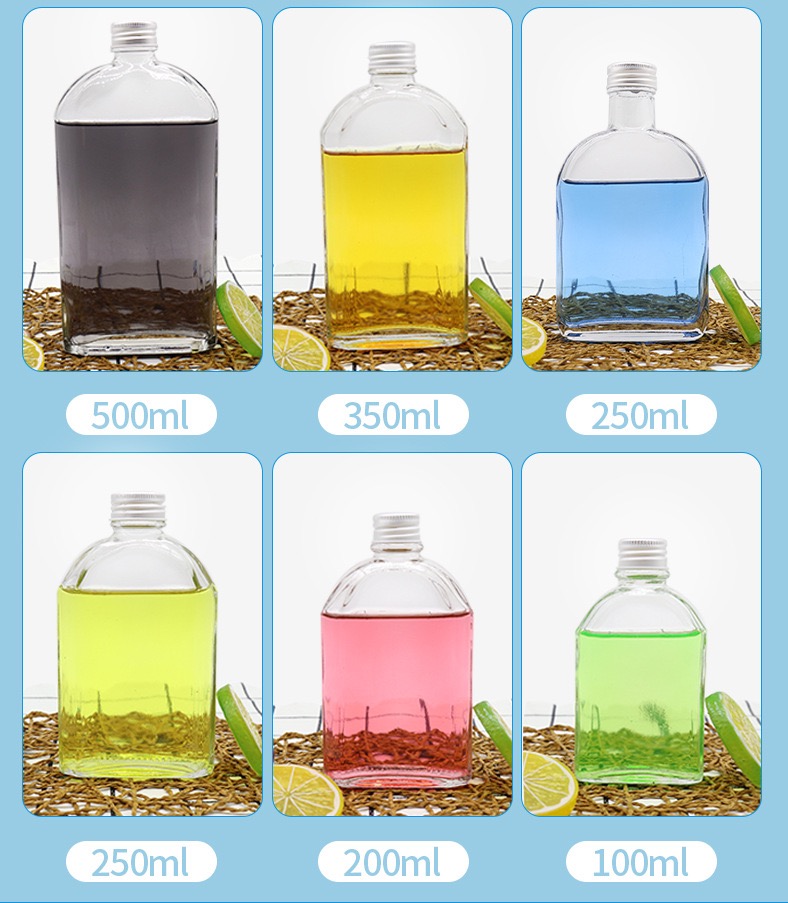 100ml 200ml 250ml 350ml 500ml clear flat juice cold brew coffee glass flask bottles design