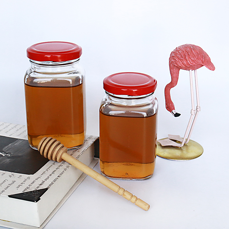 100ml 200ml 300ml 400ml Glass Honey Jar With Dipper Food Glass Square Jar With Metal Lid
