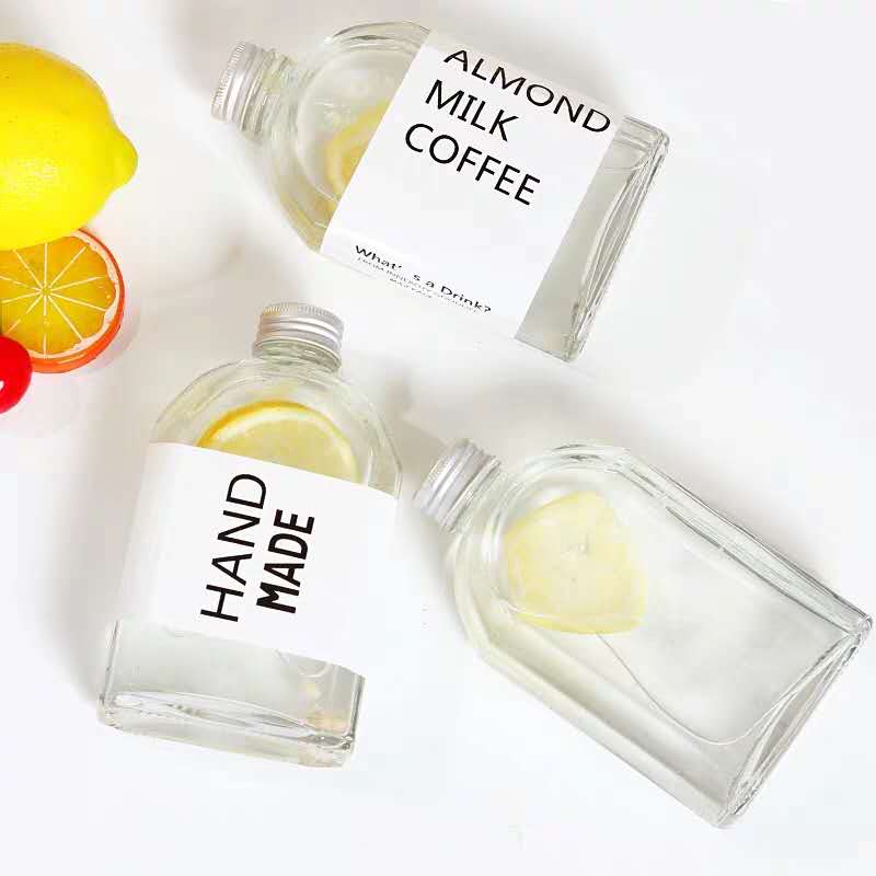 100ml 200ml 350ml flat beverage glass bottle juice milk coffee liquor wine glass bottle screw metal cap