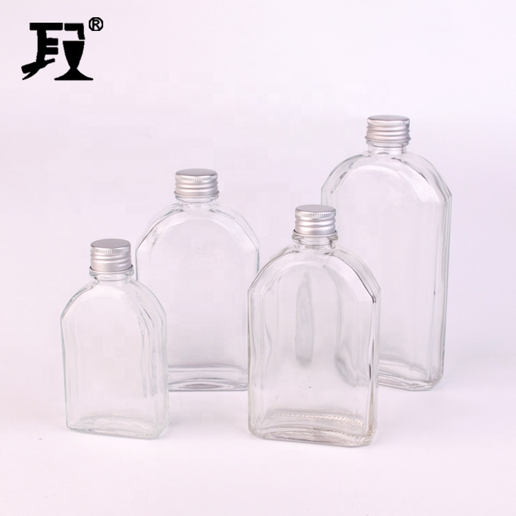 100ml 200ml Flat shape glass bottle for spirit alcohol with aluminum screw lid
