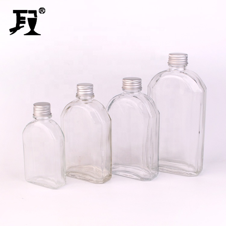100ml 200ml Flat shape glass bottle for spirit alcohol with aluminum screw lid