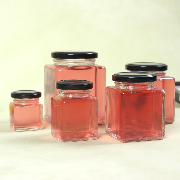 100ml 200ml Glass Food Honey Jar Glass Jam Jar Square Glass Bottle with Tinplate Cap Lid