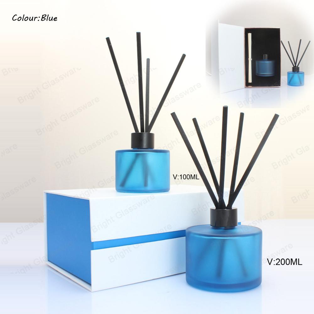 100ml 200ml blue frosted reed diffuser glass bottle with black cap